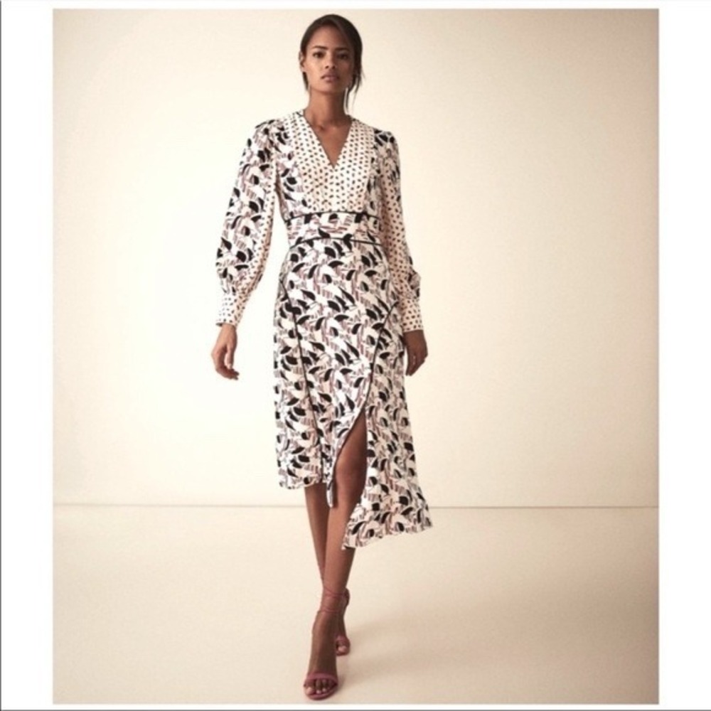 Reiss Mixed Print V-Neck Asymmetric Midi Dress